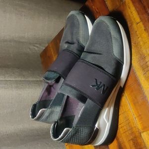 Michael Kors Felix Canvas and Snake-Embossed Nubuck Trainer